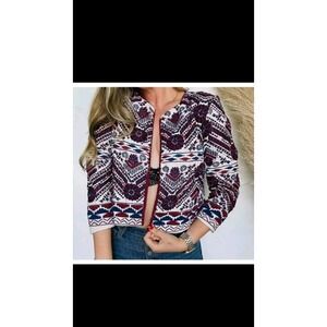 ANTHROPOLOGIE Blue Red White Greenwich Embroidered Print Open Cropped Jacket Med